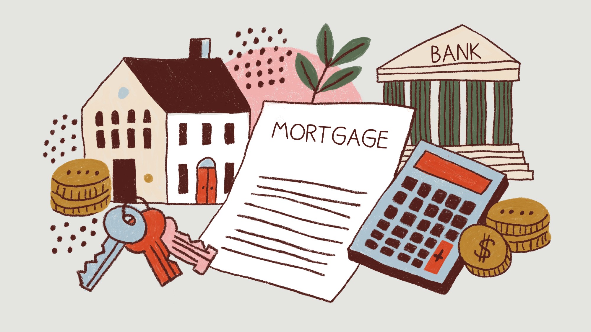Hand-painted illustration featuring a mortgage document, house, keys, bank, calculator, coins, and financial symbols