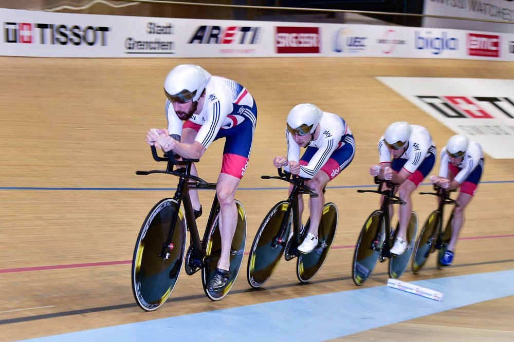 Bradley Wiggins driving Great Britain in the team pursuit gold medal ride