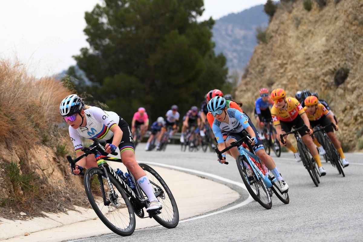 ALTEA SPAIN FEBRUARY 18 LR Annemiek Van Vleuten of The Netherlands and Movistar Team and Amanda Spratt of Australia and Team Trek Segafredo compete during the 7th Setmana Ciclista Volta Comunitat Valenciana Femines 2023 Stage 3 a 132km stage from Agost to Altea SetmanaCiclista23 on February 18 2023 in Altea Spain Photo by Alex BroadwayGetty Images