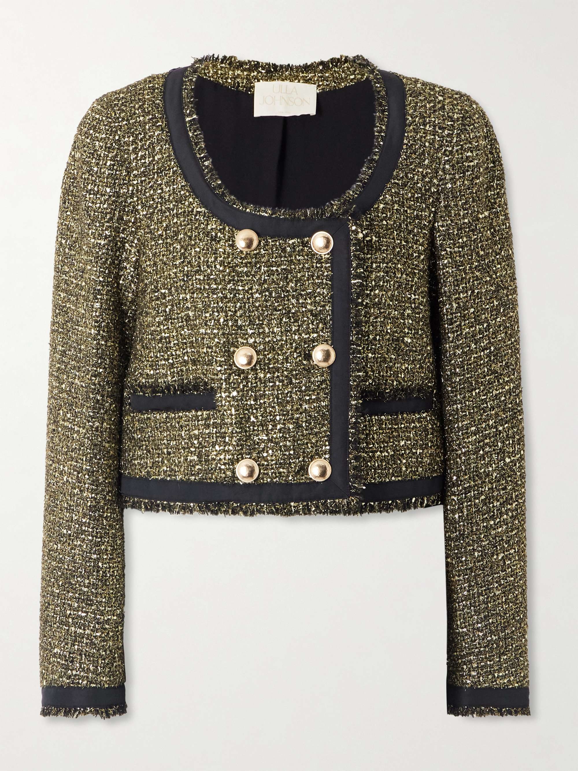 Anisa Double-Breasted Grosgrain-Trimmed Metallic Tweed Jacket