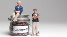 figure sitting on pension jar