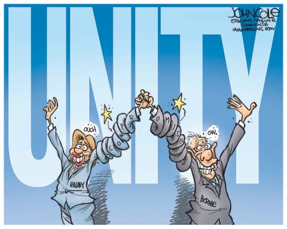 Political cartoon U.S. Unity Bernie Sanders Hillary Clinton grip
