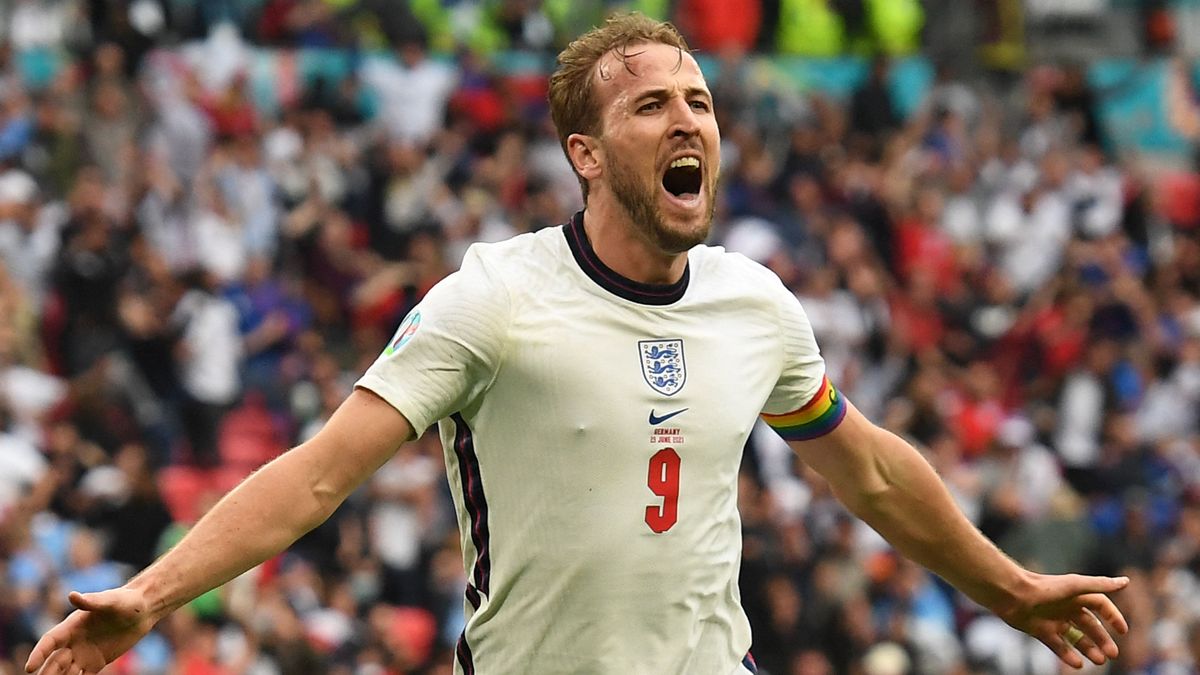 England&#039;s Harry Kane celebrates the second goal at England vs Germany EURO 2020.