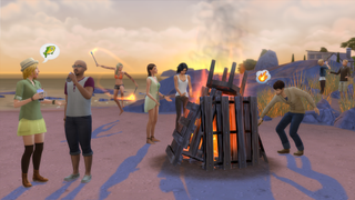 A group of sims characters on the beach stood around a large bonfire