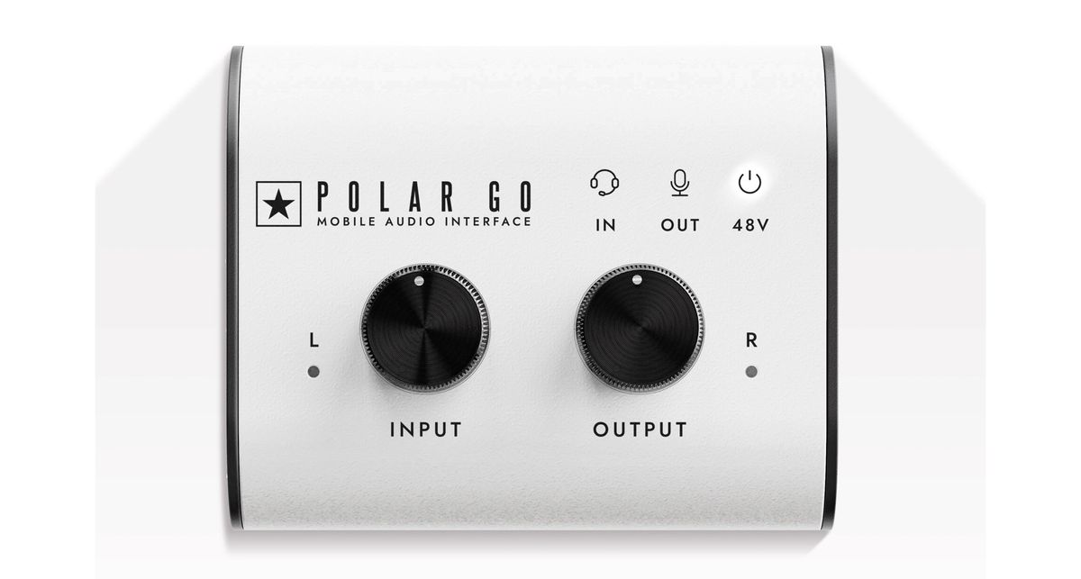 Blackstar Amplification Polar Go: the super-compact audio interface has a white fascia, black knobs and sides, and is small enough to fit inside the palm of your hand.