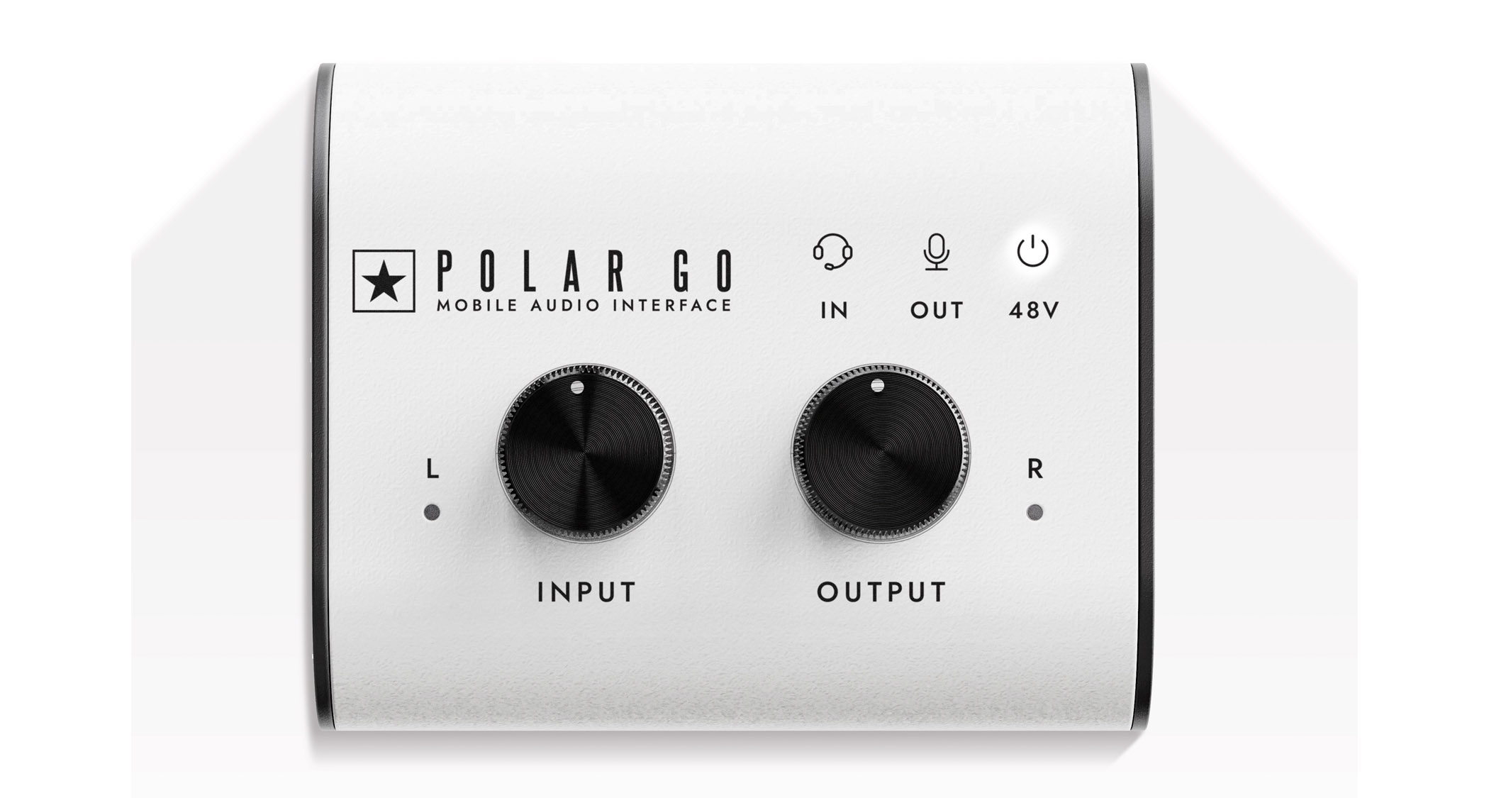 Blackstar Amplification Polar Go: the super-compact audio interface has a white fascia, black knobs and sides, and is small enough to fit inside the palm of your hand.