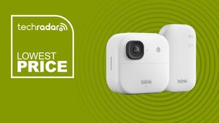 Blink Outdoor 2K+ on a green background next to TechRadar lowest price badge