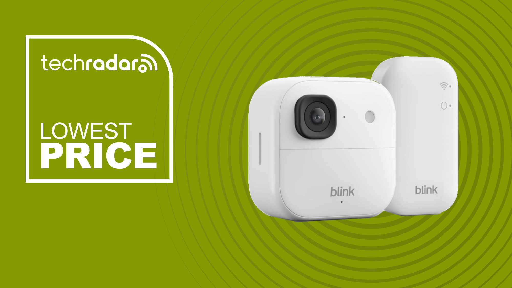 Blink Outdoor 2K+ on a green background next to TechRadar lowest price badge