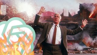 Leslie Nielsen in The Naked Gun shouting 'Nothing to see here!' with a burning ChatGPT logo beside him.