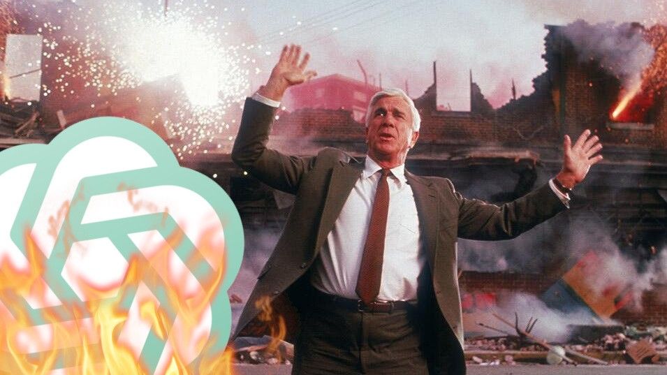 Leslie Nielsen in The Naked Gun shouting &#039;Nothing to see here!&#039; with a burning ChatGPT logo beside him.