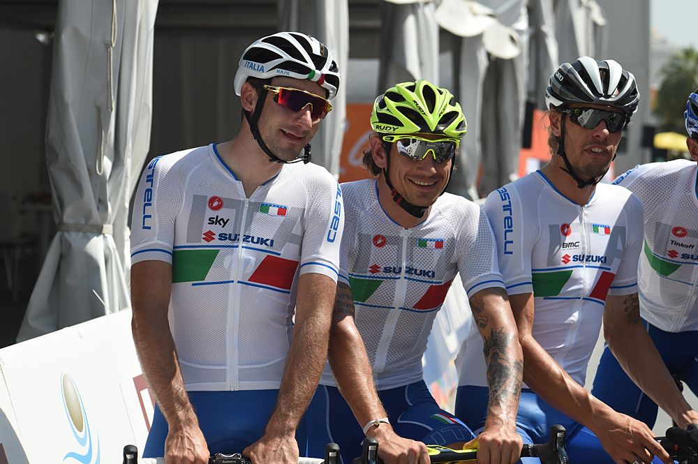 Elia Viviani and Filippo Pozzato in Doha