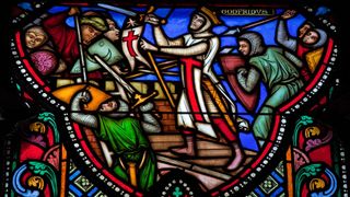 A stained-glass window in Brussels Cathedral, in Belgium, depicts a battle from the first Crusade.