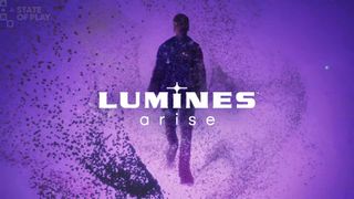 An otherworldly figure approaches behind the logo for Lumines Arise