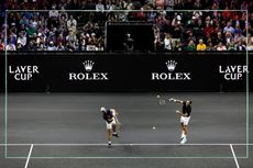 Roger Federer and Rafael Nadal playing tennis in a Laver Cup 2022 practice session