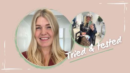 A picture of w&h beauty editor fiona mckim with balayage with money piece hair and a picture of her in the salon having the treatment