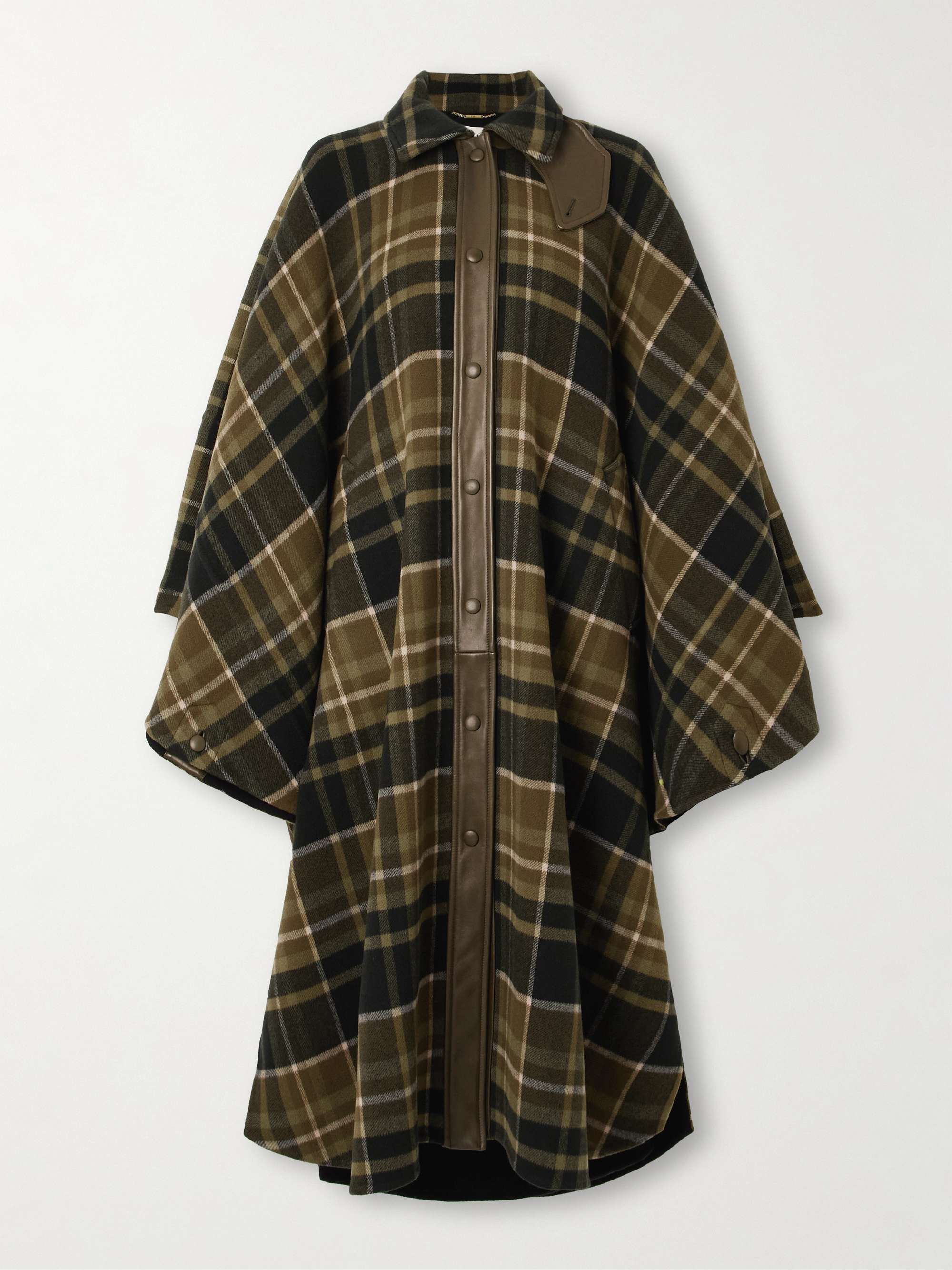 Oversized Leather-Trimmed Checked Wool-Blend Flannel Coat