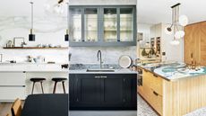 1980s kitchen cabinet trends. Left: white kitchen with marble backsplash, white, handleless kitchen island, with single open shelf and decorative objects displayed on shelf. Middle: Modern kitchen with dark blue cabinets, sink in the middle and glass-fronted cabinet above sink with gray marble backsplash. Right: Kitchen with oak cabinetry and island with green stone countertop, gray speckled stone flooring and pale cream walls