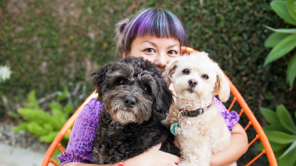 Woman hugging two dogs