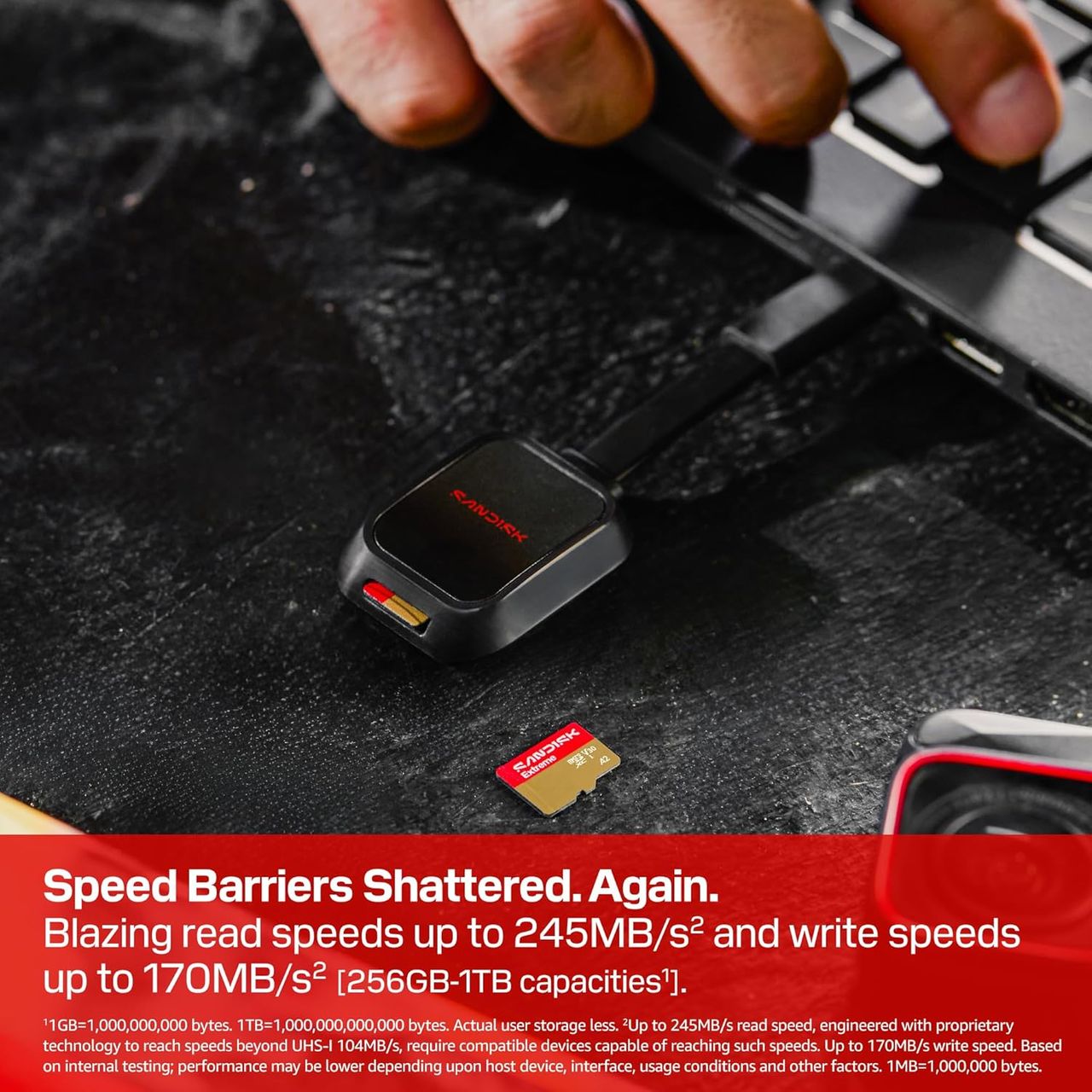 Promotional image of the SanDisk Extreme microSD's read and write speeds.