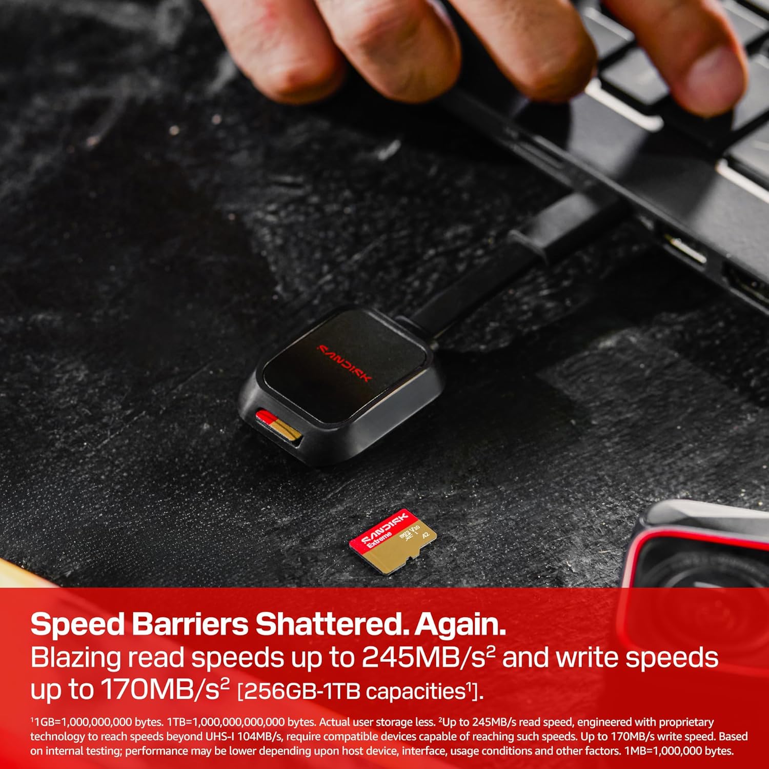 Promotional image of the SanDisk Extreme microSD's read and write speeds.