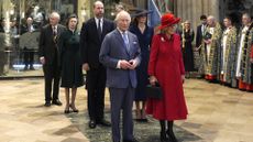 Princess Anne, Prince William, Catherine, Princess of Wales, King Charles III, and Queen Camilla during the 2026 Commonwealth Day Service at Westminster Abbey on March 09, 2026