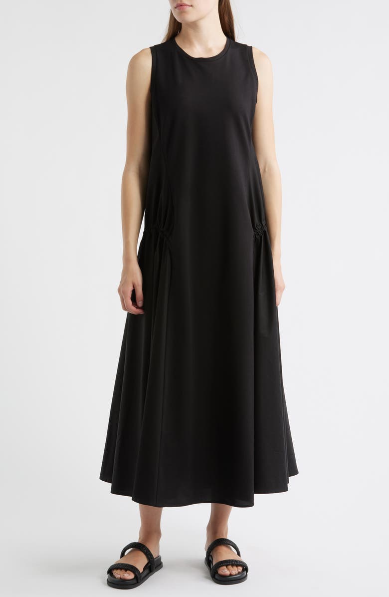 Paneled Gathered Side Cotton Blend Midi Dress