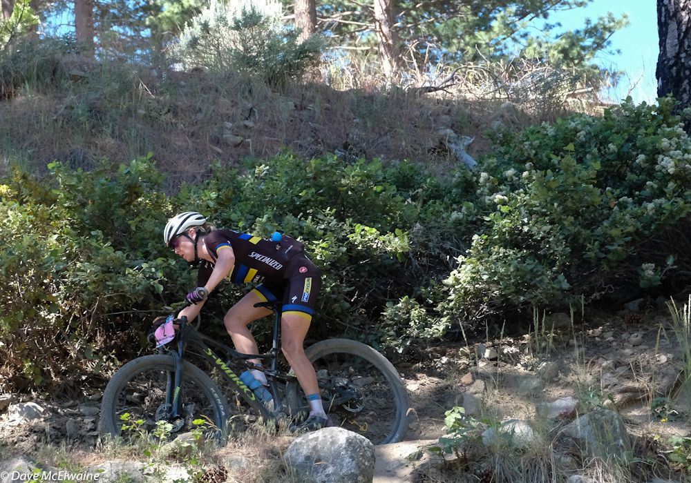 Amy Beisel (Pro Cycling) riding switchbacks with the race lead during lap two.