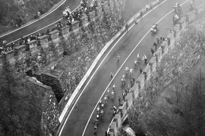 Looking down on the dwindling group of leaders on the climb to Cervinia in Stage 14 of the Giro
