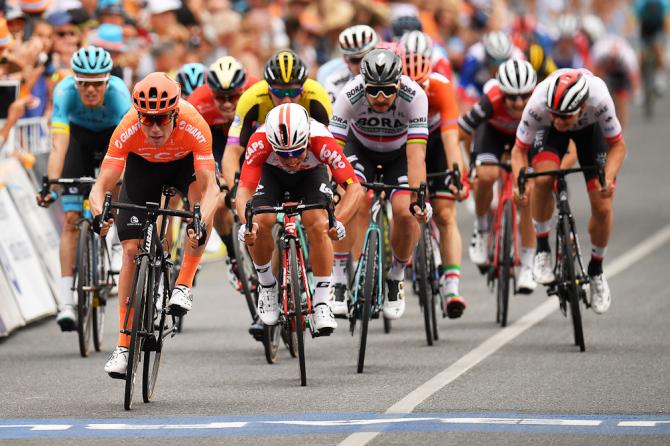Patrick Bevin gets the best of the pure sprinters during stage 2 at the Tour Down Under