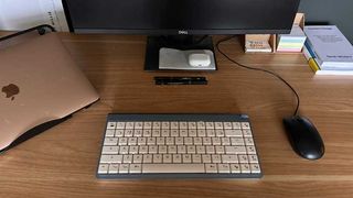 Wombat Coleus keyboard on wooden desk next to MacBook Air, mouse and monitor