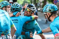 Astana Qazaqstan teammates congratulate Mark Cavendish on sprint win Thursday on stage 2 at Tour de Hongrie
