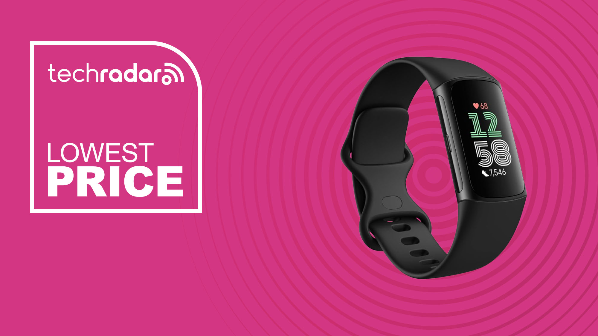 The Fitbit Charge 6 on a pink background with text saying Lowest Price next to it.