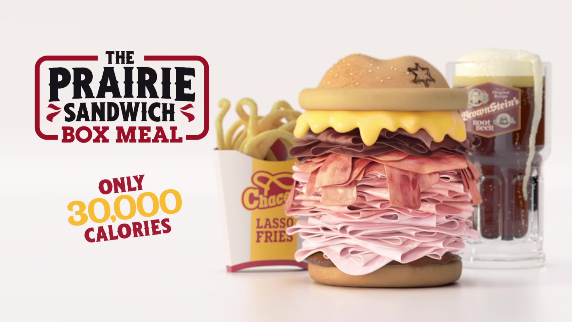 GTA 6 extended look still image of a parody ad for the 30,000 calorie "Prairie Sandwich Box Meal" showing a sandwich stacked with a tower of meat.