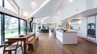 open plan kitchen diner and living room with dark wood floor