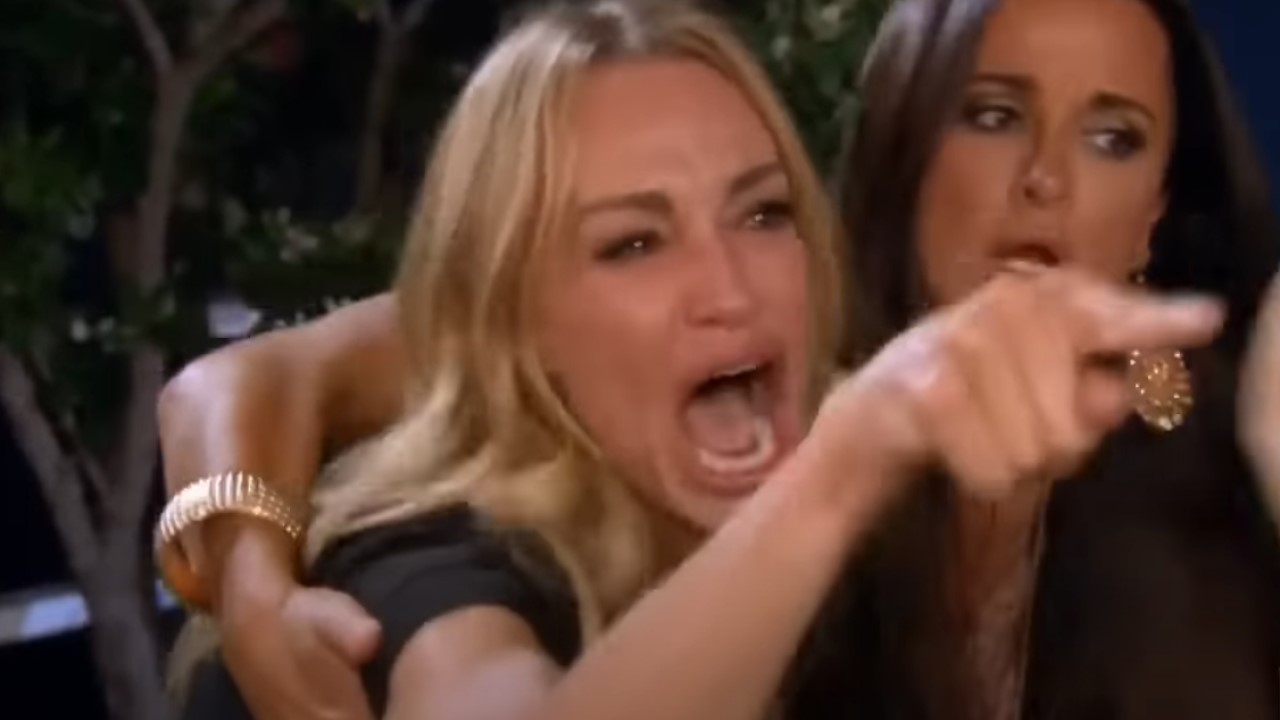 Taylor Armstrong aponta para Camille Grammer durante uma briga em The Real Housewives of Beverly Hills em uma imagem que virou meme.
