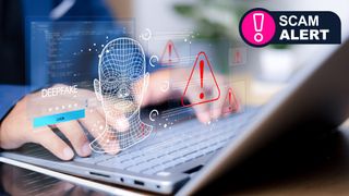 A person typing on a laptop with a deepfake graphic hovering above it