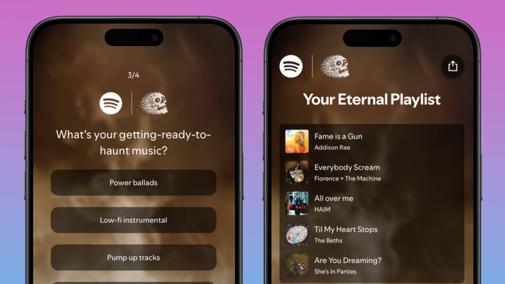 Two smartphones showing Spotify's Eternal Playlist generator