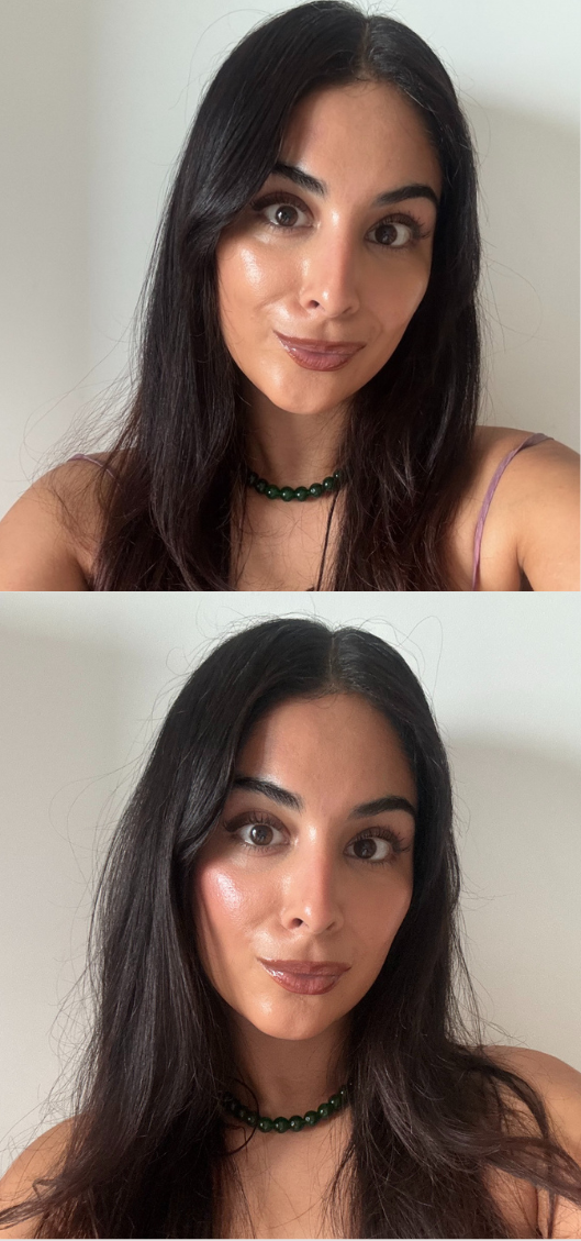Nessa Humayun before and after applying Fara Homidi Blonzer in Nue