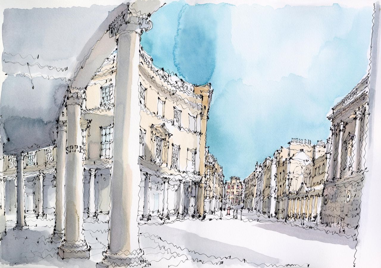 Fig 1: The view along Stall Street, Bath, with the Roman baths to the right and Bath Street to the left.