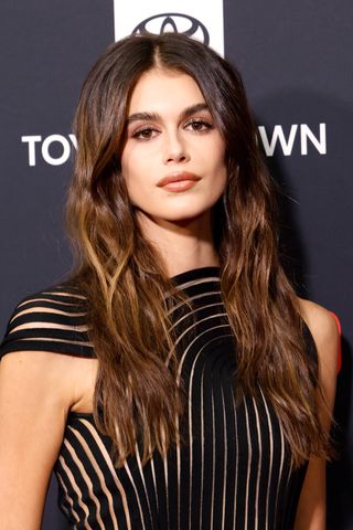 Kaia Gerber at TIME100 Next held at Current at Pier 59 on October 09, 2024 in New York, New York in a little black dress