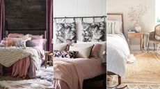 Three images of bedrooms with layered bedding 