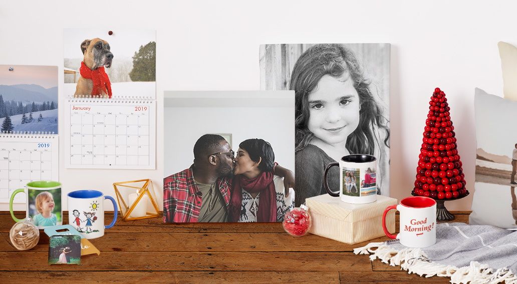 An array of photo gifts laid out on a table