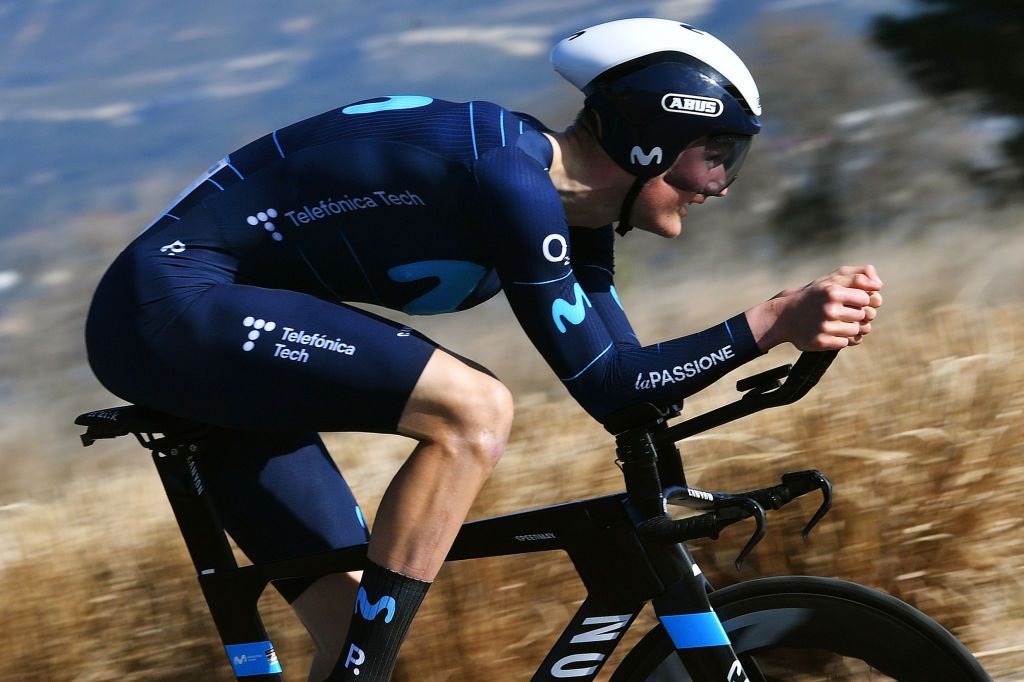 BERRELTANG FRANCE FEBRUARY 10 Jorgensen Mathias Norsgaard of Denmark and Movistar Team sprints during the 6th Tour De La Provence 2022 Prologue a 71km Individual Time Trial stage from Berreltang to Berreltang TDLP22 ITT on February 10 2022 in Berreltang France Photo by Luc ClaessenGetty Images