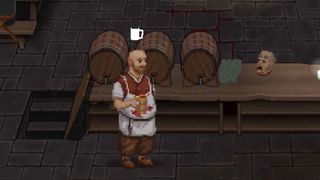 An innkeeper with a mug stands next to a bar with a severed head on it