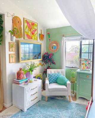 green beachy boho room with window dresser and chair