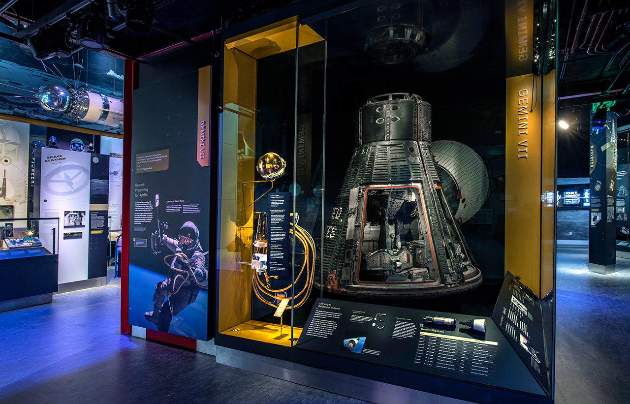 NASA's Gemini VII spacecraft, as flown by Frank Borman and Jim Lovell, in the "Destination Moon" gallery at the National Air and Space Museum in Washington, D.C.