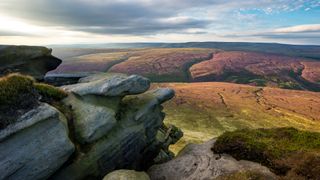 Dramatic view from the rocky edge of Kinder Scout in Derbyshire