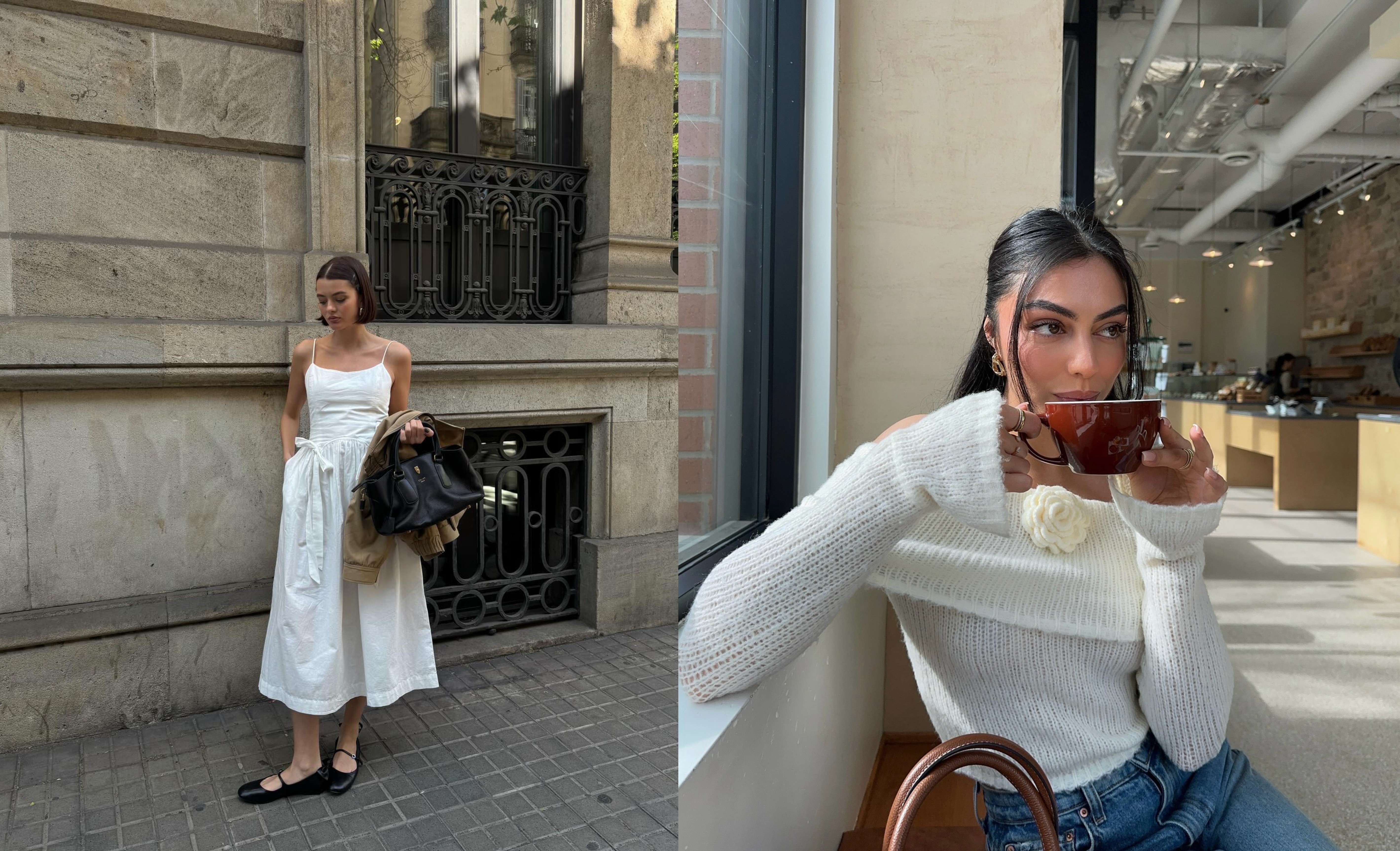 Collage of woman wearing a white dress and another woman wearing a white sweater and sipping coffee.