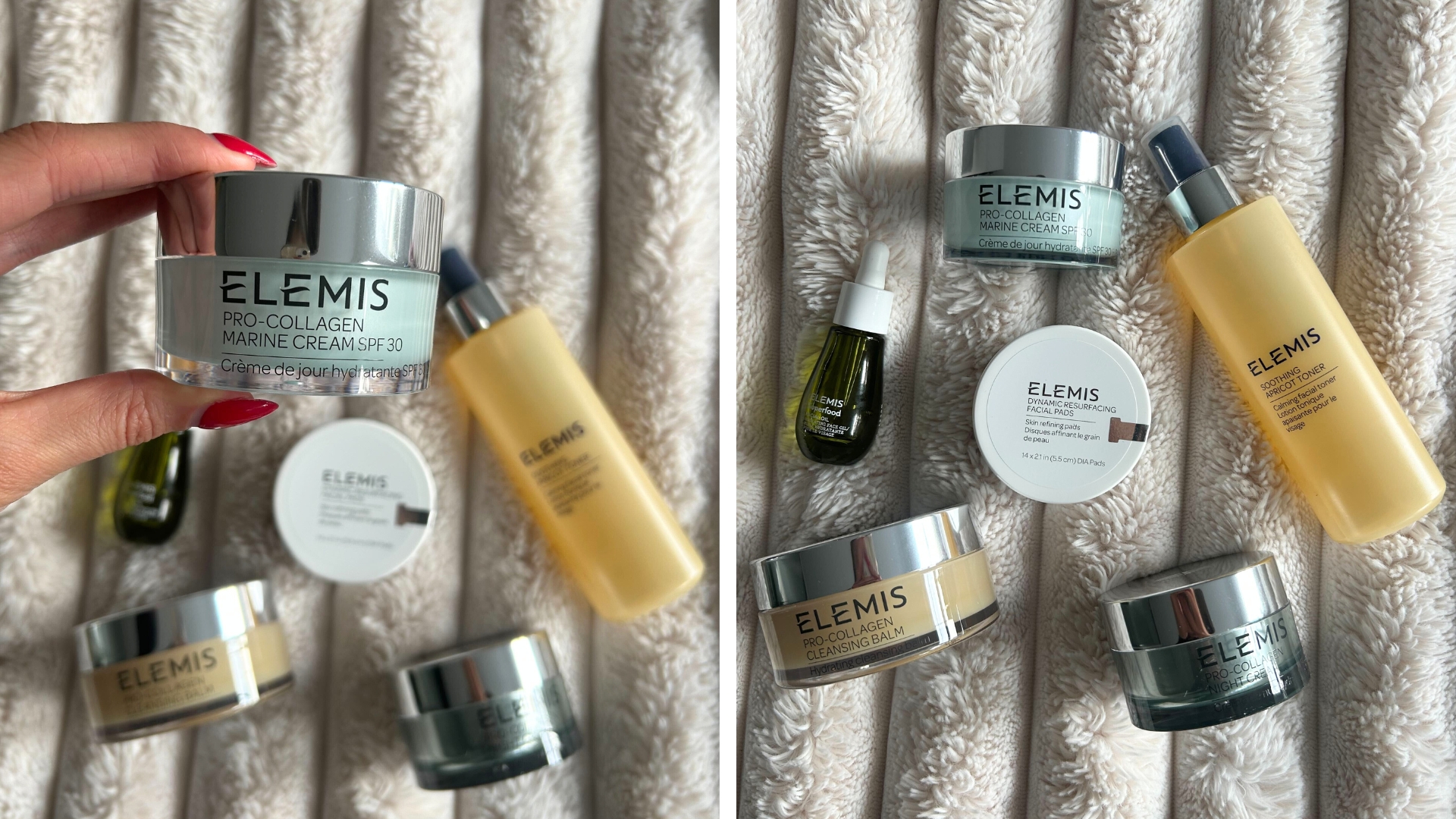Collage of the best Elemis skincare products laying on a fluffy blanket