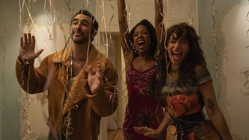 Left to right: actors Jordan Firstman, True Whitaker, and Odessa A&#039;zion play Charlie, Alani, and Tallulah respectively,pictured here as three glammed-up friends in a festive room filled with streamers for a birthday celebration for Rachel Sennott&#039;s new comedy, I Love LA.